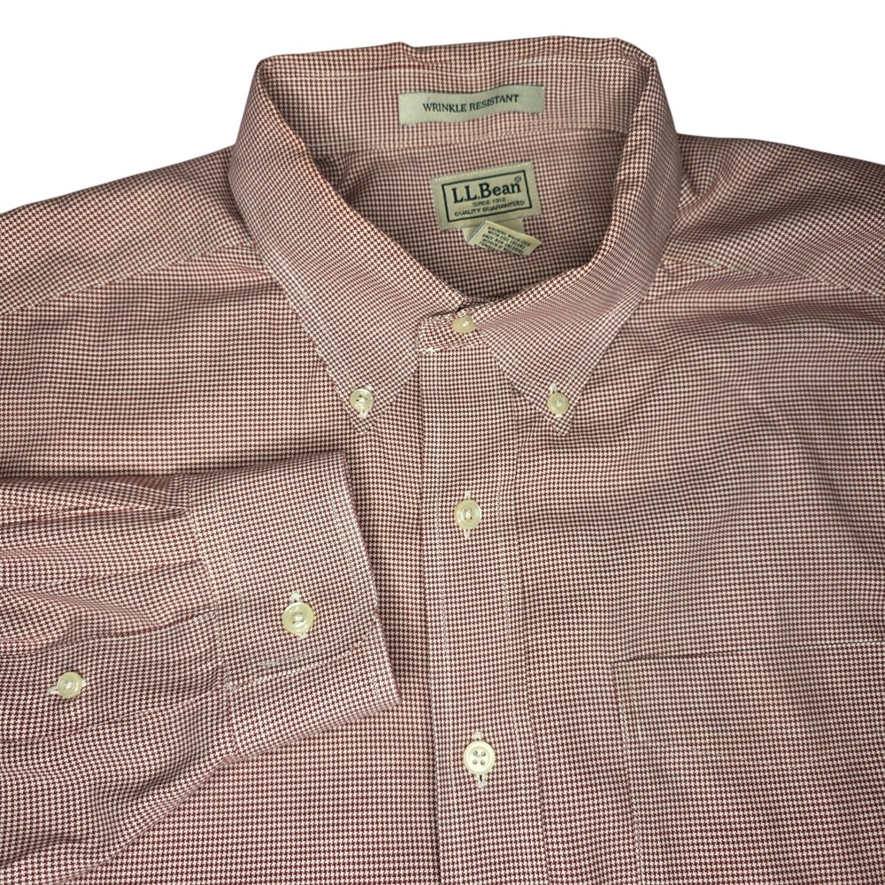 L.L.Bean Mens Large Tall Red & White Houndstooth Checkered Button Down Shirt